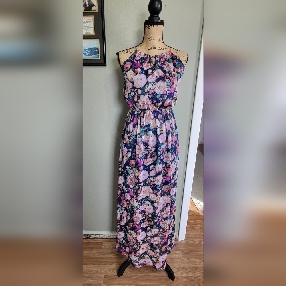 Fate Floral Maxi Dress in Navy with Pink & Purple Blooms
